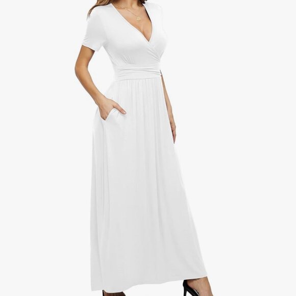 LILBETTER Women's Summer Short Sleeves Dress Wrap Waist Maxi Dresses with Pocket - Picture 3 of 15